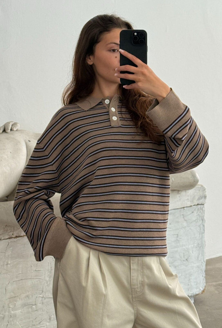 Adanne Polo - Stripe Beige/Bordeaux