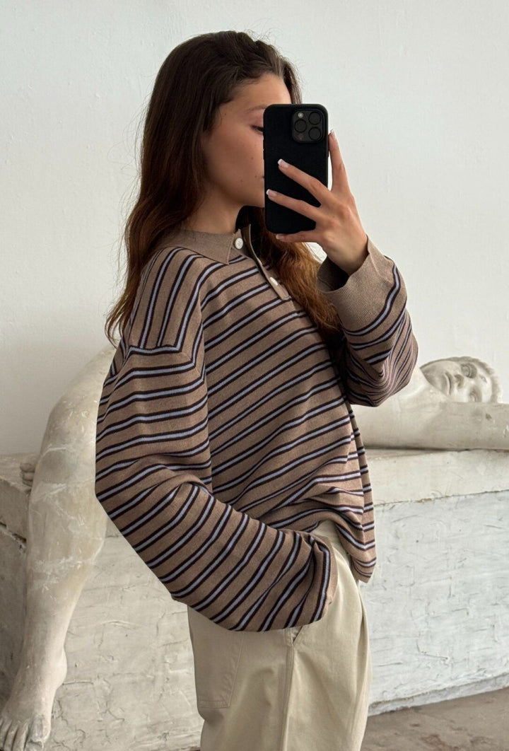 Adanne Polo - Stripe Beige/Bordeaux