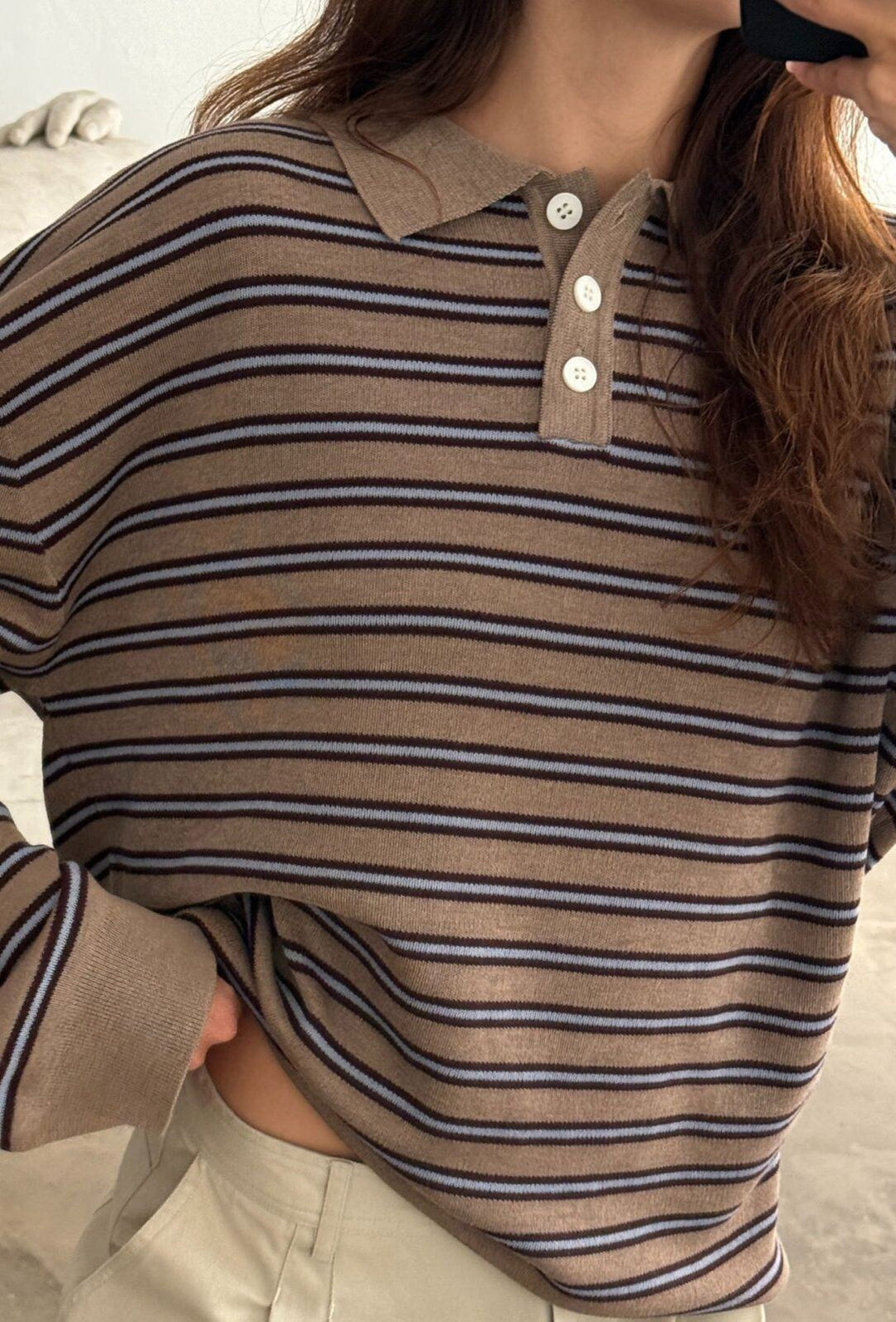 Adanne Polo - Stripe Beige/Bordeaux
