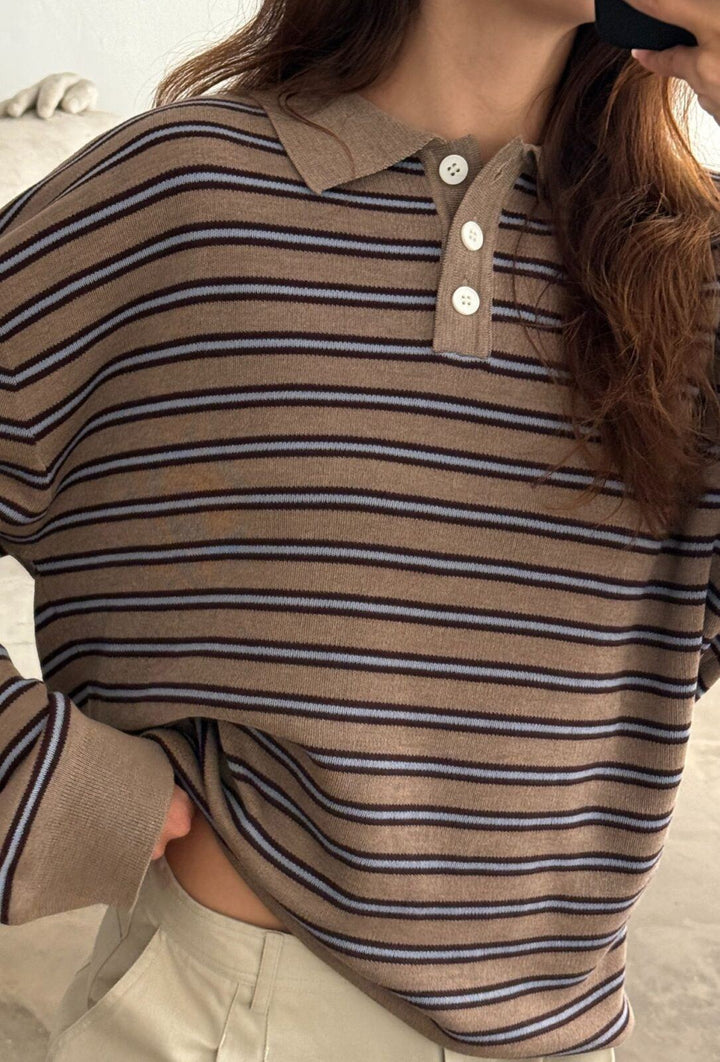Adanne Polo - Stripe Beige/Bordeaux