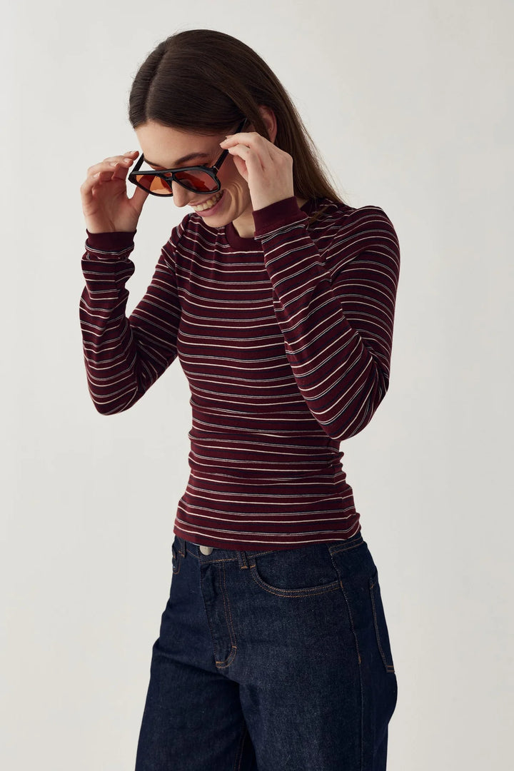 N-Mykel Ls Top - Dizzy Burgundy Stripe