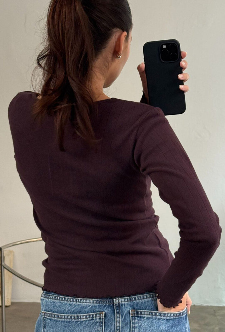 Fenna O-Neck Tee Pointelle - Bordeaux