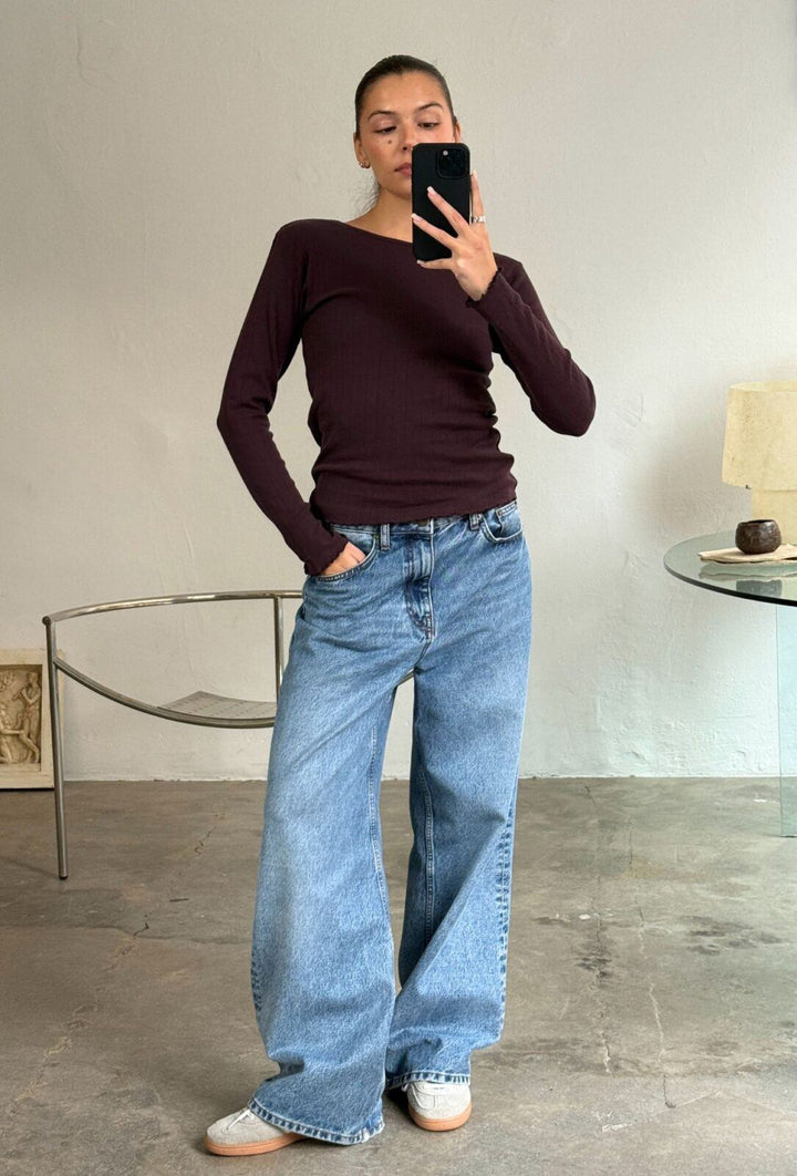 Fenna O-Neck Tee Pointelle - Bordeaux