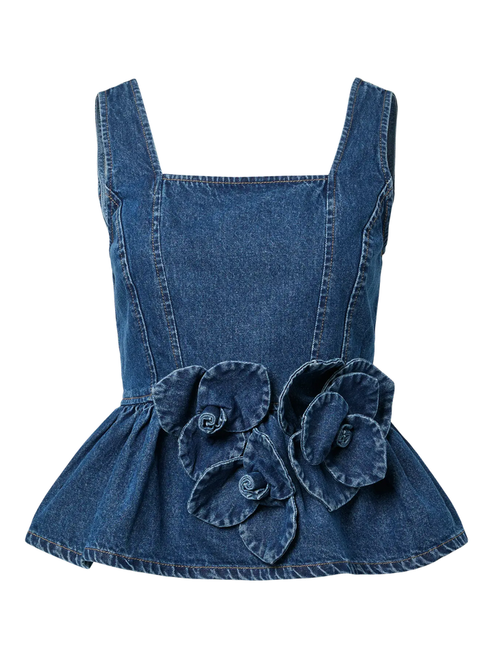 Yaselsie Sl Peplum Denim Top - Medium Blue Denim W. Tabacco Stitches
