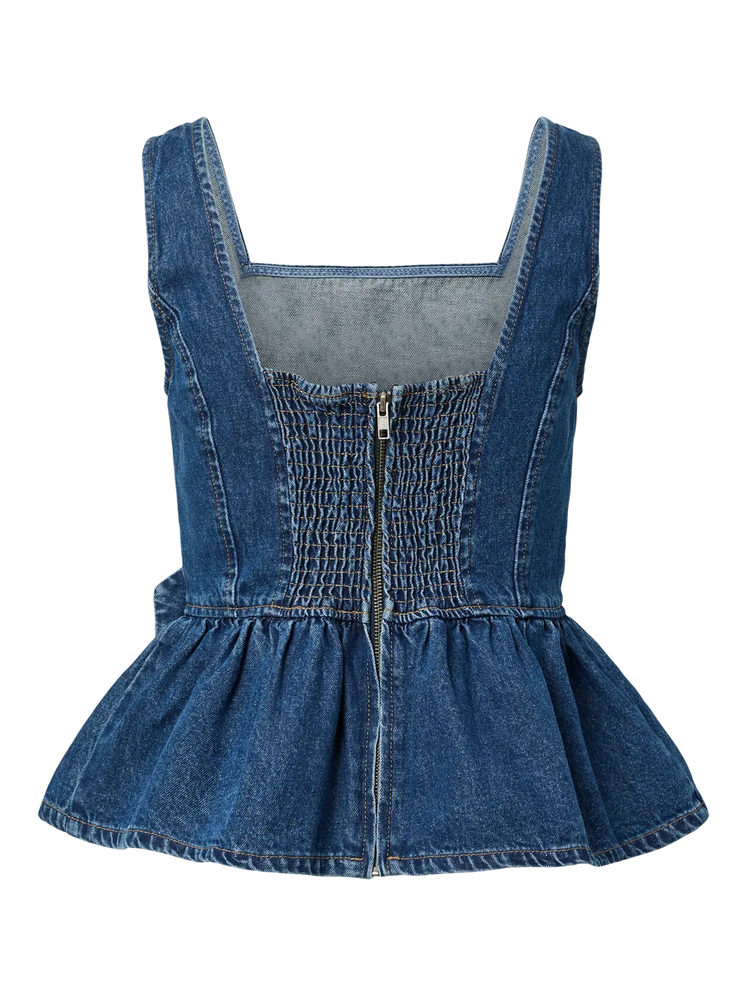 Yaselsie Sl Peplum Denim Top - Medium Blue Denim W. Tabacco Stitches