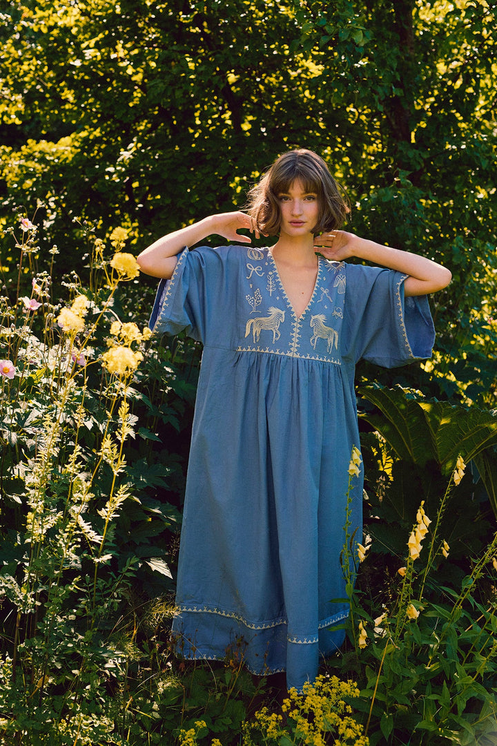 Polly Embroidery Dress 3/4 Sleeve - Sea