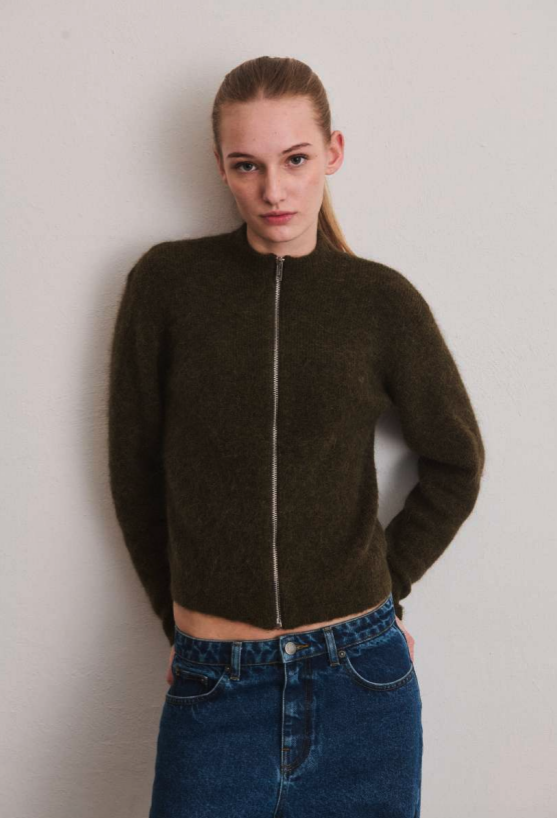 Milla Zipper Knit - Dark Olive Melange