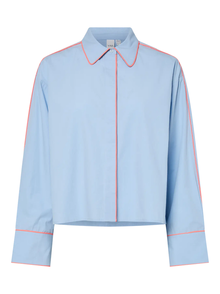 Yaslee Ls Piping Shirt - Ex - Clear Sky W. Hot Coral Piping