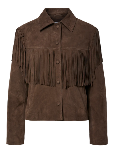 Yashannah Ls Suede Leather Fringe Jacket - Chocolate Brown