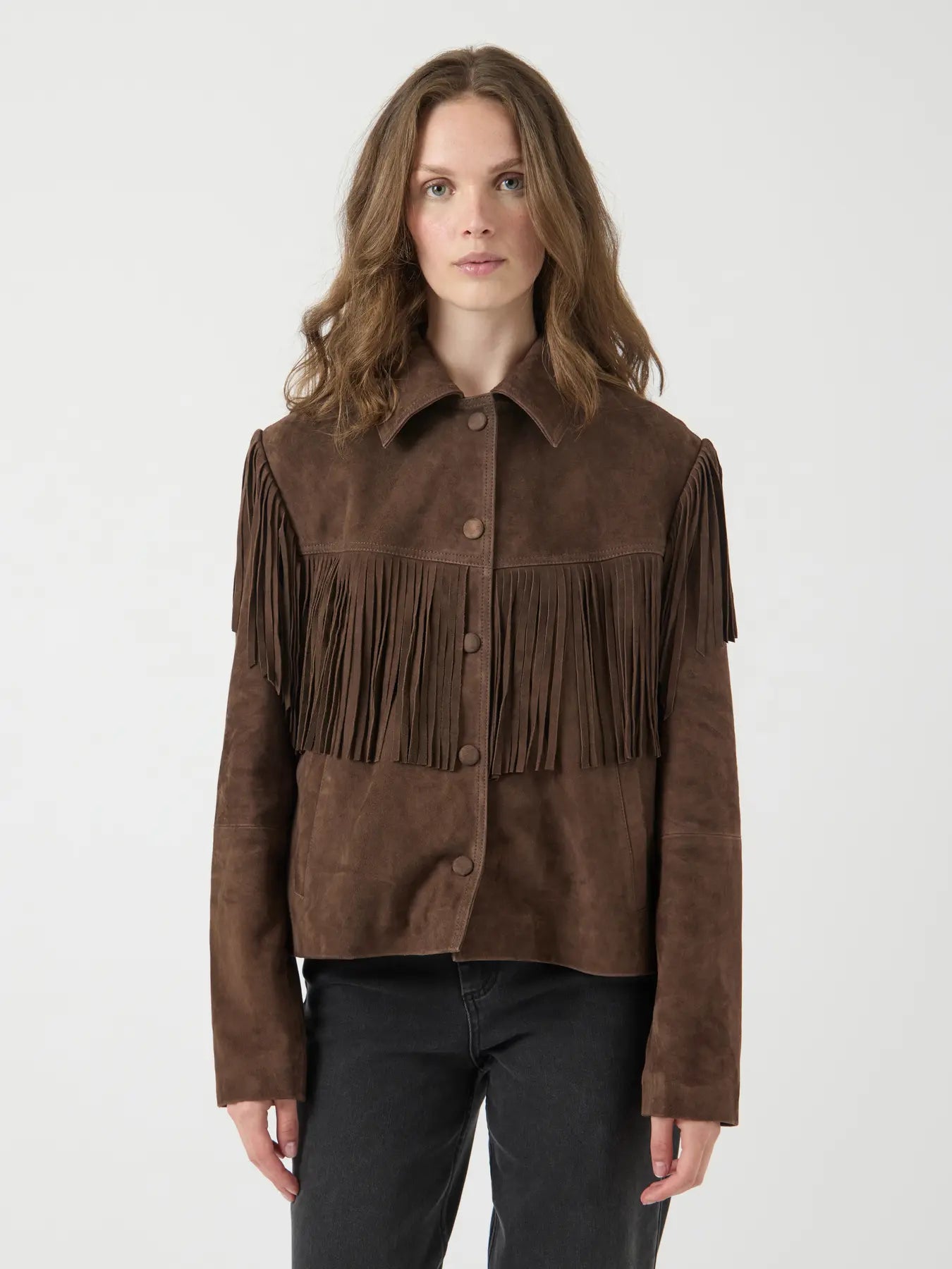 Yashannah Ls Suede Leather Fringe Jacket - Chocolate Brown