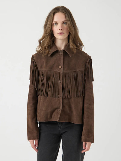 Yashannah Ls Suede Leather Fringe Jacket - Chocolate Brown