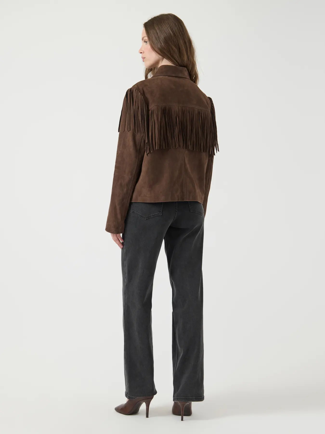 Yashannah Ls Suede Leather Fringe Jacket - Chocolate Brown