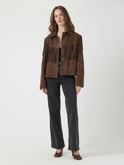 Yashannah Ls Suede Leather Fringe Jacket - Chocolate Brown