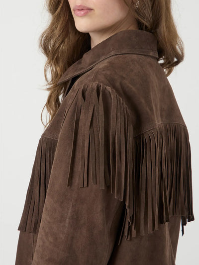 Yashannah Ls Suede Leather Fringe Jacket - Chocolate Brown