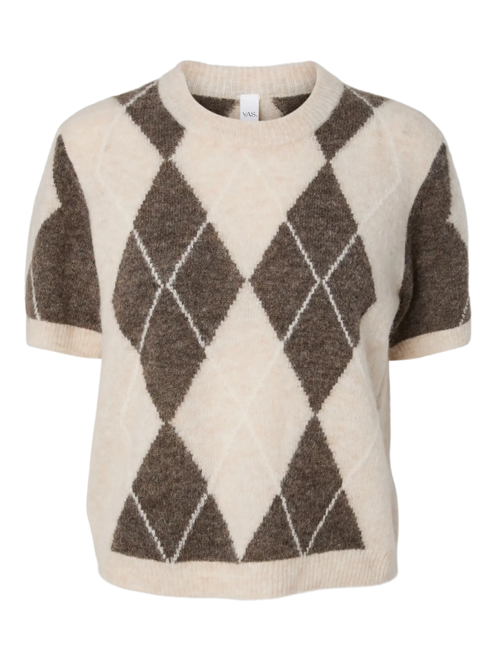 Yasjohi Ss Wool Blend Pullover S. Noos - Oatmeal Taupe Gray + Pristine Harlequin