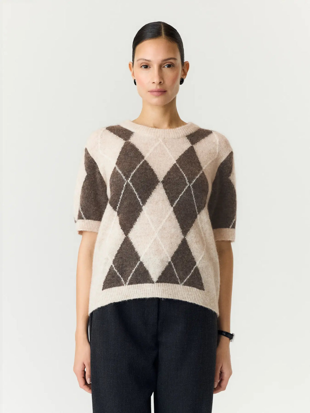 Yasjohi Ss Wool Blend Pullover S. Noos - Oatmeal Taupe Gray + Pristine Harlequin
