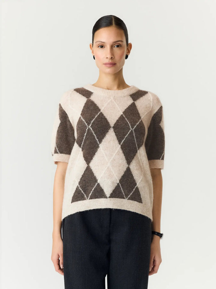 Yasjohi Ss Wool Blend Pullover S. Noos - Oatmeal Taupe Gray + Pristine Harlequin
