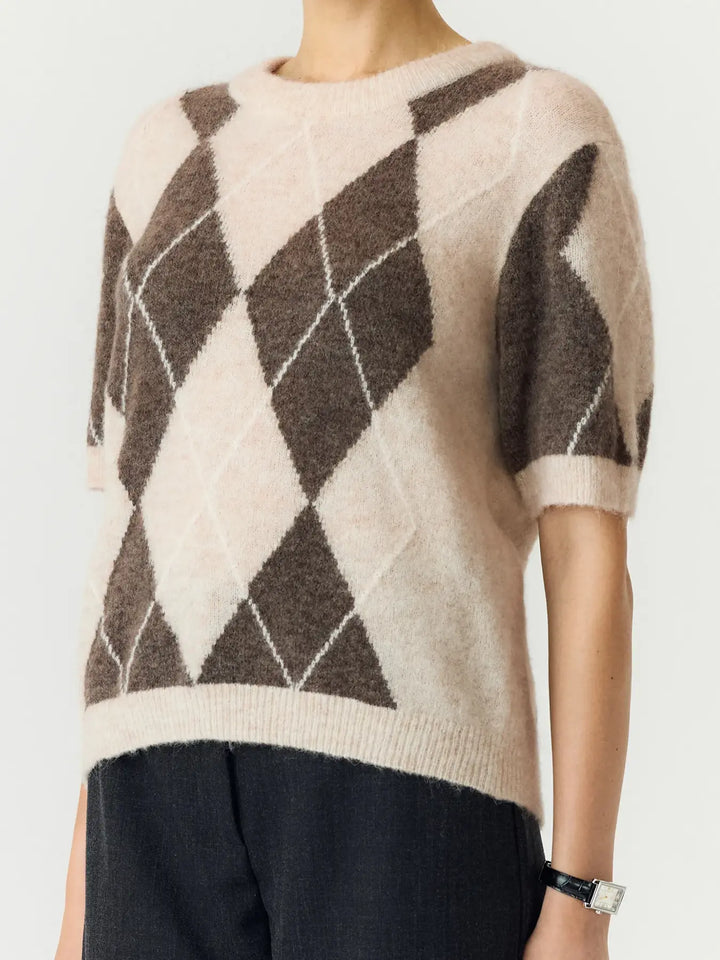 Yasjohi Ss Wool Blend Pullover S. Noos - Oatmeal Taupe Gray + Pristine Harlequin