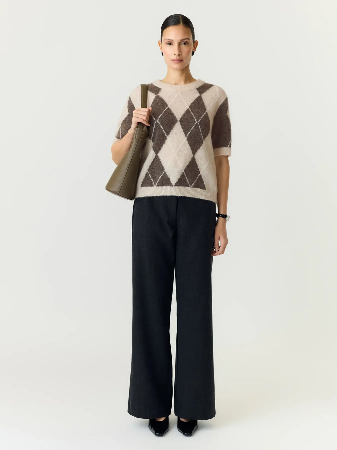 Yasjohi Ss Wool Blend Pullover S. Noos - Oatmeal Taupe Gray + Pristine Harlequin