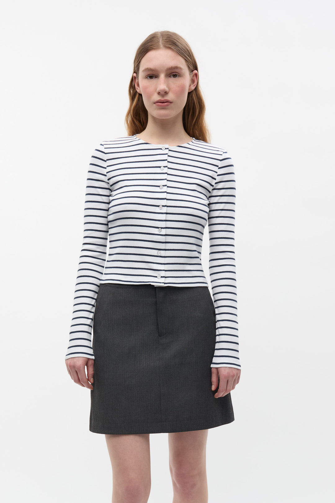 Enally Ls O-N Cardigan - Navy White stripe