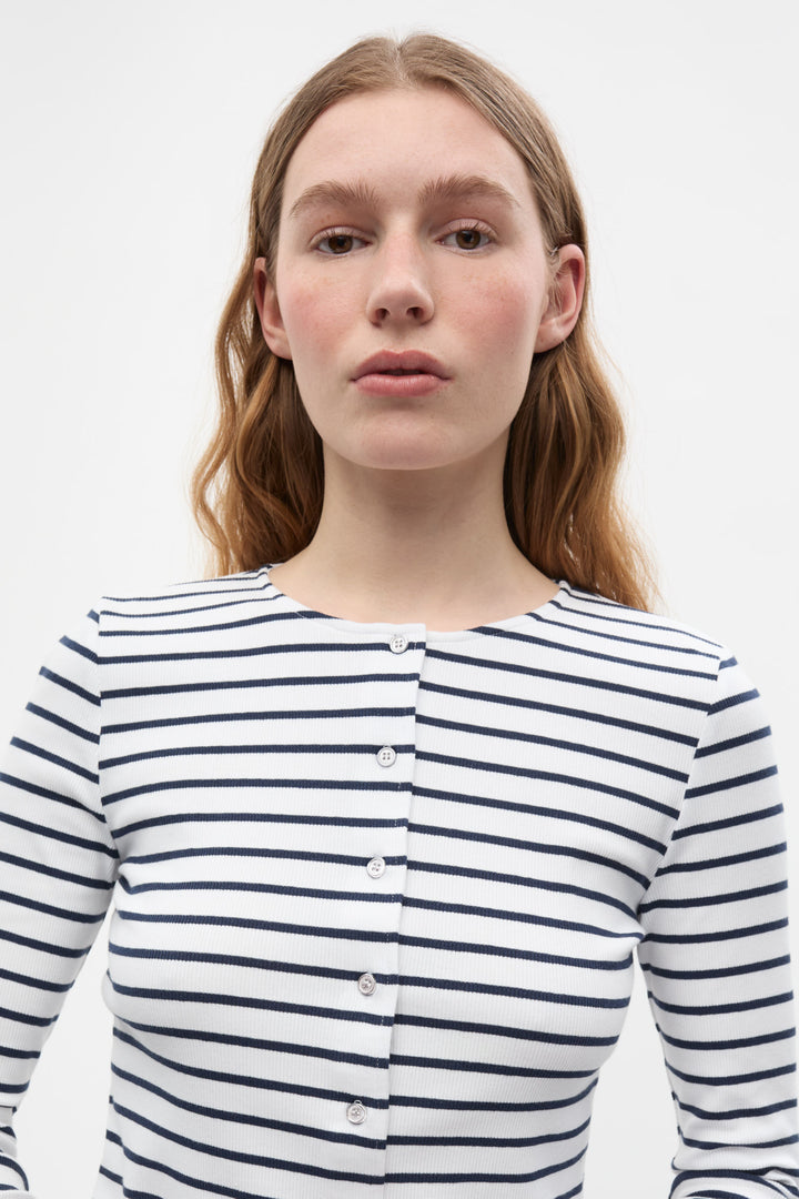 Enally Ls O-N Cardigan - Navy White stripe