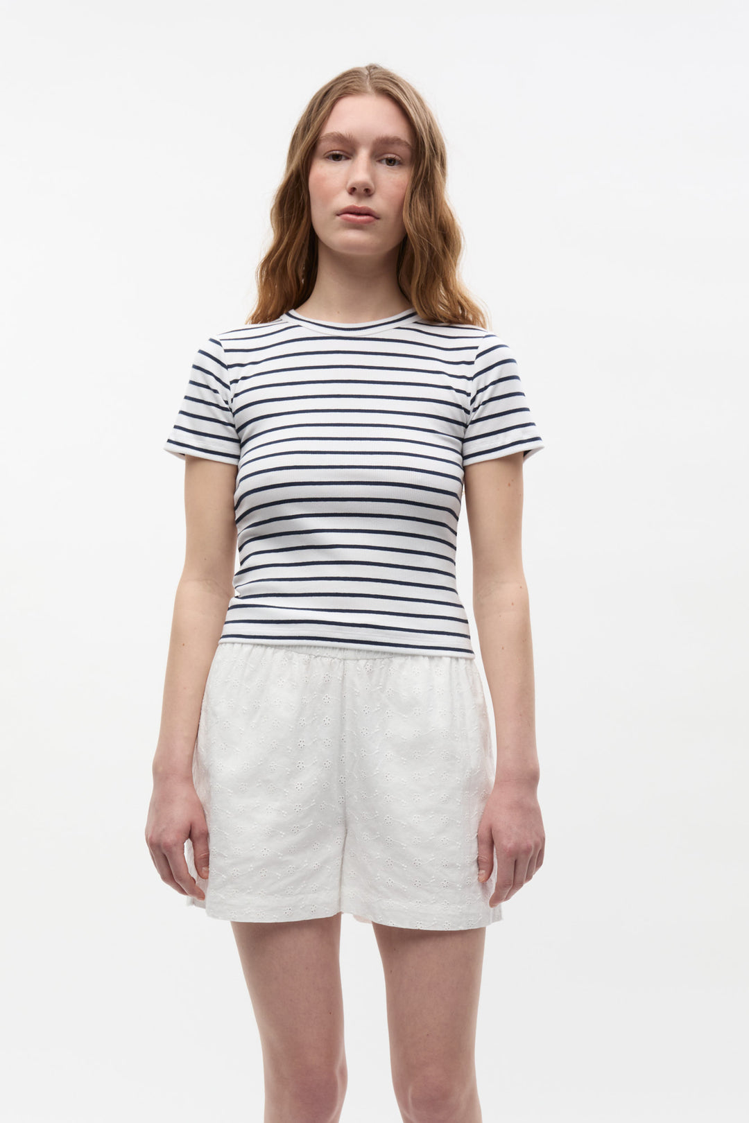 Enally Ss Crop Tee St - Navy White Stripes