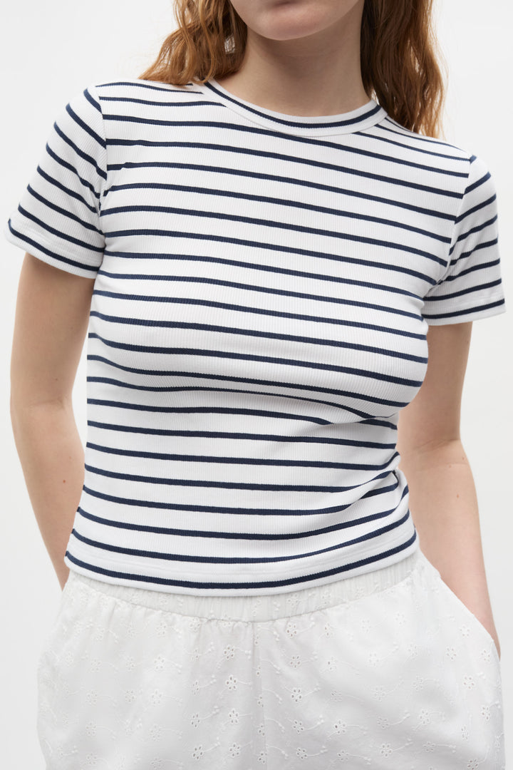 Enally Ss Crop Tee St - Navy White Stripes