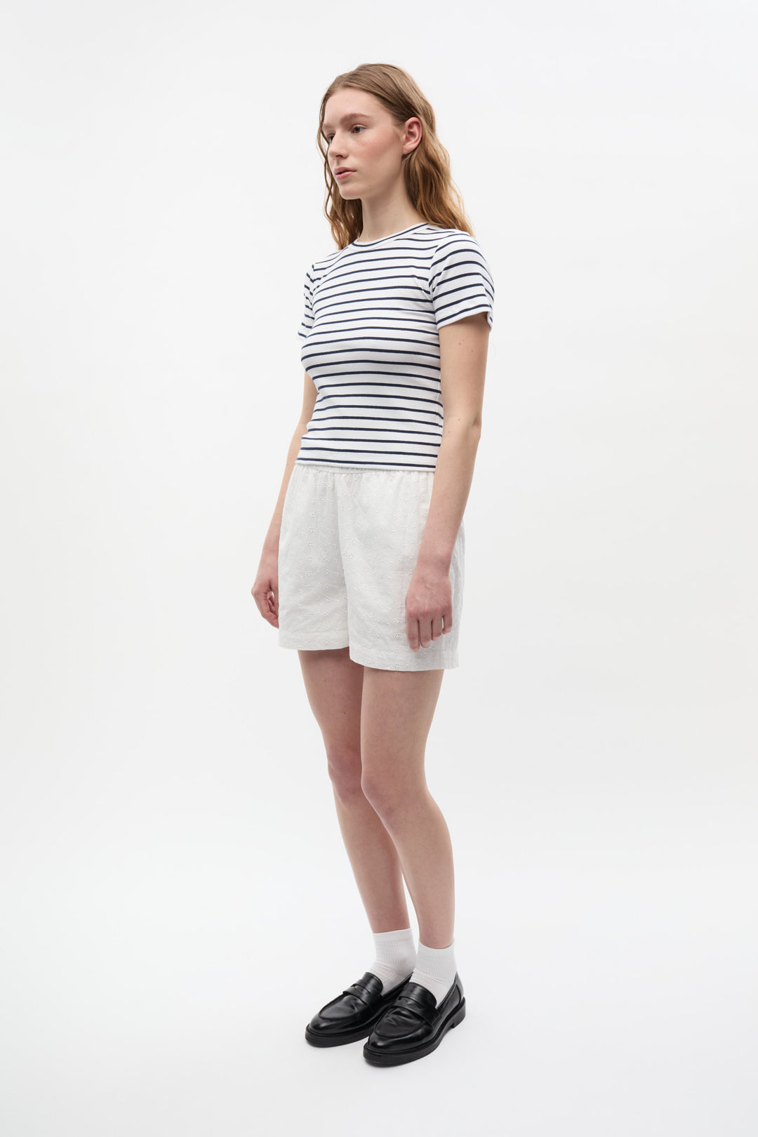 Enally Ss Crop Tee St - Navy White Stripes